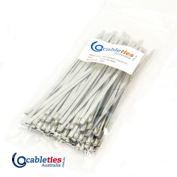 304 Grade Stainless Steel Cable Ties 4.6mm x 200mm - 100 Ties (1 pack)