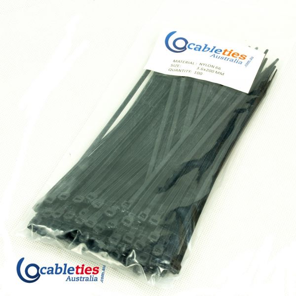 Nylon Cable Ties 3.6mm x 200mm Black - 100 Ties (1 pack)